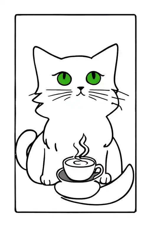 a simple and minimal line tattoo of a white fluffy cat with green eyes with a tiny turkish coffee in front all within a  tattoo design idea