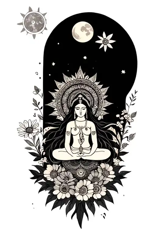 mandala with goddess in the center as a balance for wildflowers and the gemini moon tattoo design idea