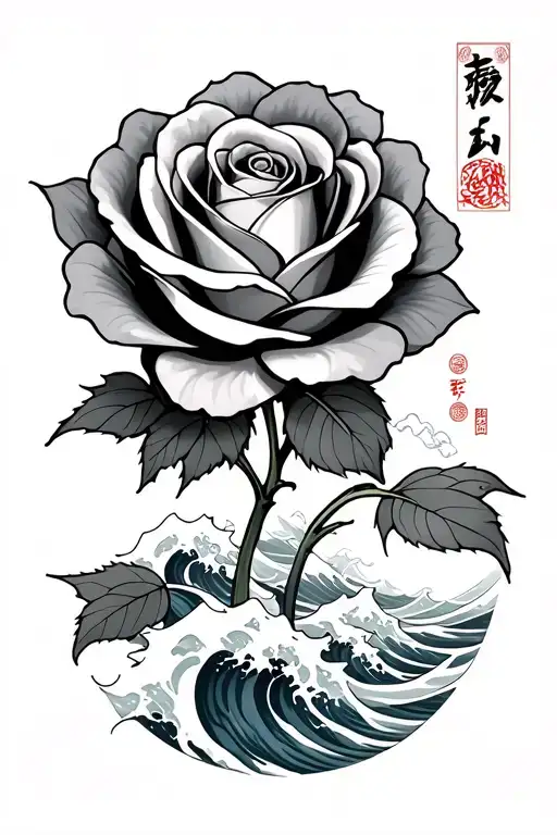 The design should include a rose and waves, which were used in Japanese tattoos, as well as Japanese characters - 福, 夢,  tattoo design idea