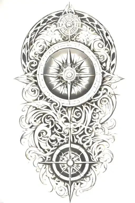 A stylized sun and compass merging together, surrounded by flowing water patterns, symbolizing the client's love for the ocean and navigation tattoo design idea
