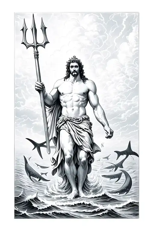 poseidon holding the trident. sharks swimming behind him. clouds with thunder in the dark sky tattoo design idea