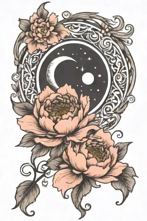 crescent moon, with peonie, art nouveau tattoo design idea