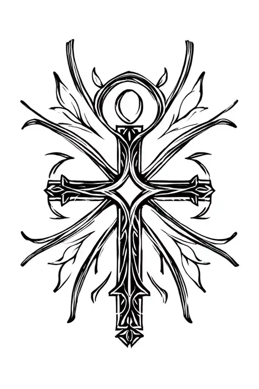 1: 35 Chat GBT> 831. The spiritual and religious element (your Christian). A simple oriental cross with a soft and weighted artistic design, placed as a fixed symbol in tattoo design idea