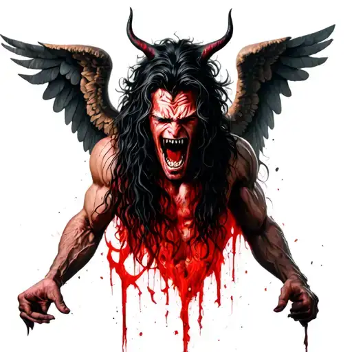 big devil with evil laugh holding long hair handsome angel angel is so sad tattoo design idea