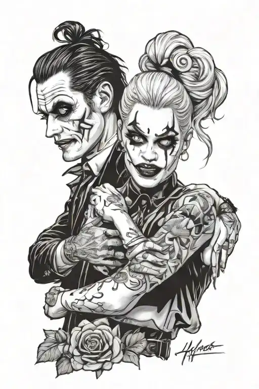 jared leto joker and harley quinn holding tattoo design idea