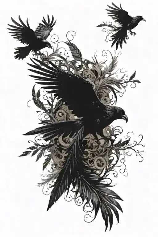 Araven and a crow circling together in dark, ominous motion, with black feathers and intricate detailing. The background tattoo design idea