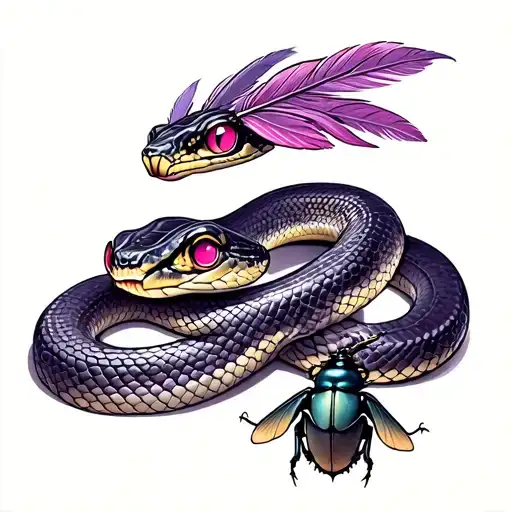  realistic snake, with pink eyes, feathers on the head, some purple and white scales, With a scarab next to it tattoo design idea