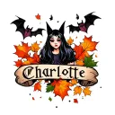bats and emo elements with falling leaves and the name Charlotte  tattoo design idea