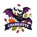 bats and emo elements with falling leaves and the name Charlotte  tattoo design idea
