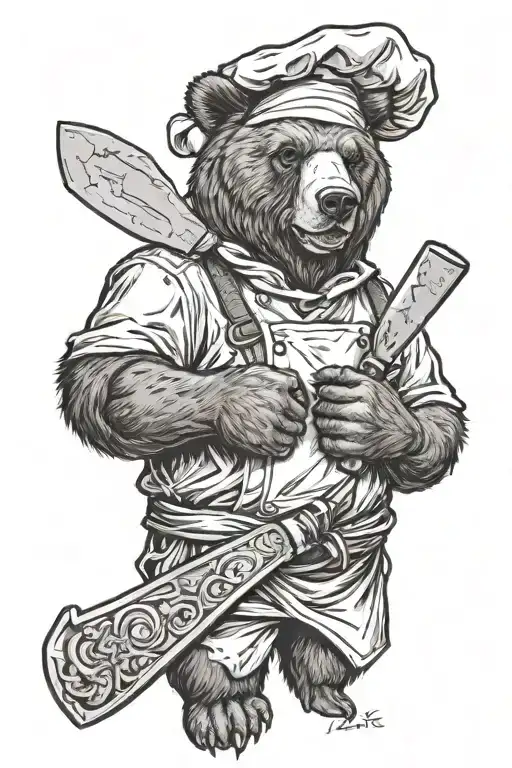 bear chef giving thumbs up and holding a chef knife tattoo design idea