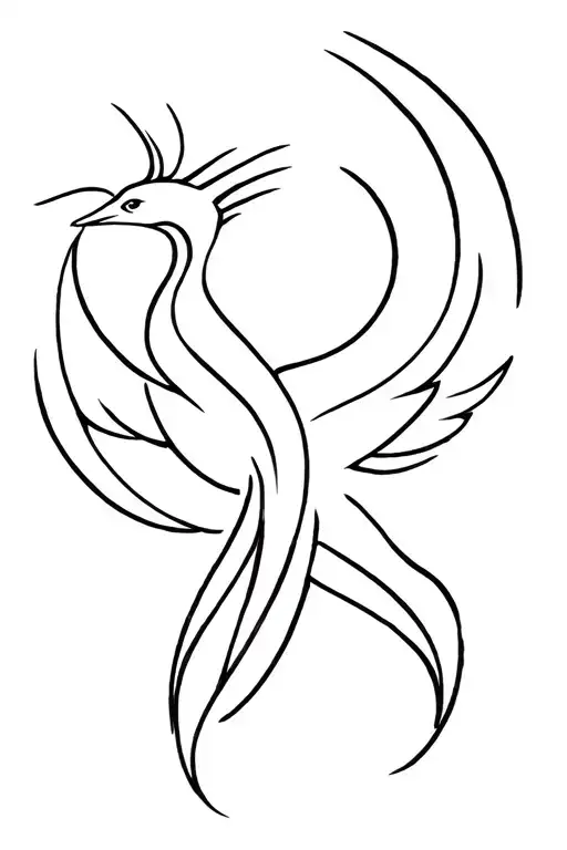 A stylized and almost abstract fenice, made with fine and fluid traits (fine line art style). The mythological bird tattoo design idea