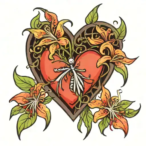 heart with a blade through it and red spider Lilly's around it   tattoo design idea