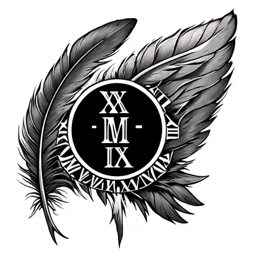 XXI-II-MCMLXIV roman numerals inside an eagle feather tattoo design idea