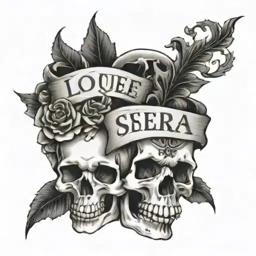 words "lo que será, será" with skulls hand tattoo design idea