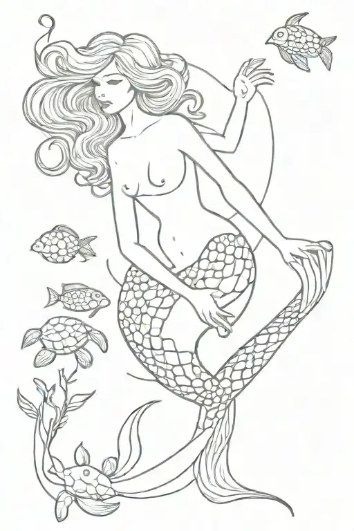 mermaid with seaweed and sea turtles tattoo design idea