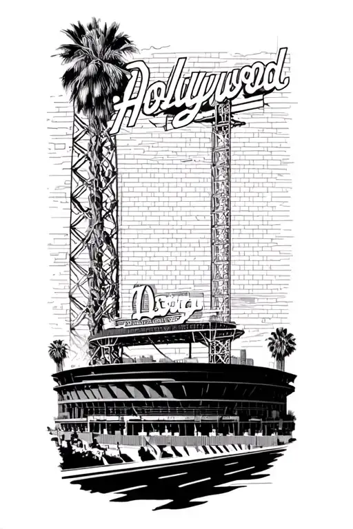 An intricate design of hollywood sign with a subtle silhouette of the Dodgers stadium tattoo design idea