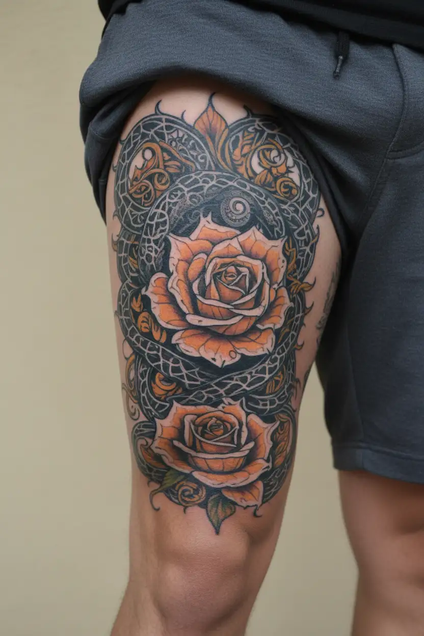 serpent rising from knee, coiling around a flaming fractal rose blooming on the thigh, glowing with light. tattoo design idea