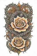 serpent rising from knee, coiling around a flaming fractal rose blooming on the thigh, glowing with light. tattoo design idea