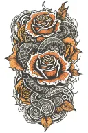 serpent rising from knee, coiling around a flaming fractal rose blooming on the thigh, glowing with light. tattoo design idea