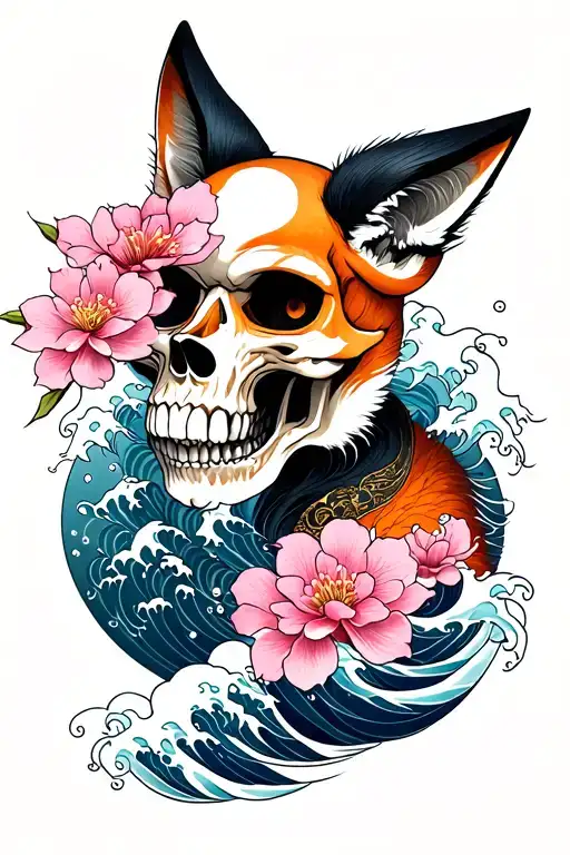 Neo Japanese oni, skull, waves , cherry blossom fox  tattoo design idea