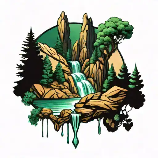 emerald waterfall forest mountain tattoo design idea