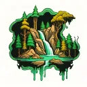 emerald waterfall forest mountain tattoo design idea