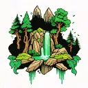 emerald waterfall forest mountain tattoo design idea