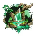 emerald waterfall forest mountain tattoo design idea