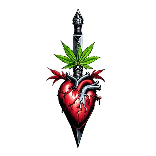 A dagger pierces the heart,Marijuana leaves in the background tattoo design idea