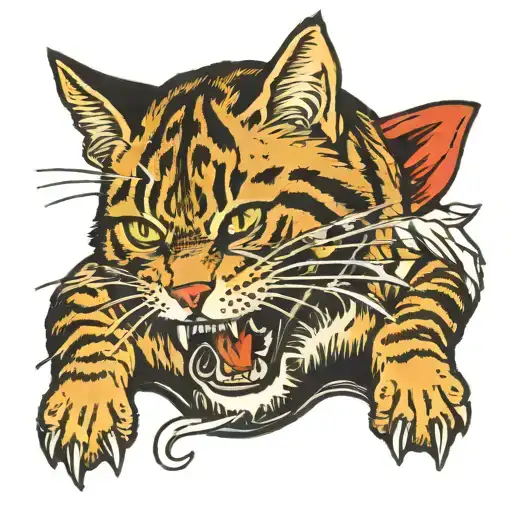 Tabby cat biting hand tattoo design idea