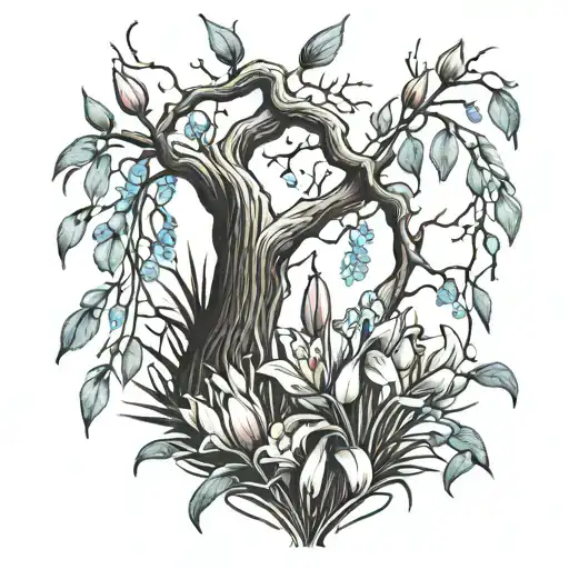 weeping willow branches with tulips and forget me knots tattoo design idea