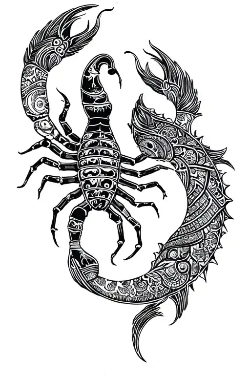 here is a full arm sleeve tattoo of a scorpio falling in love with a pisces featuring mandala design tattoo design idea