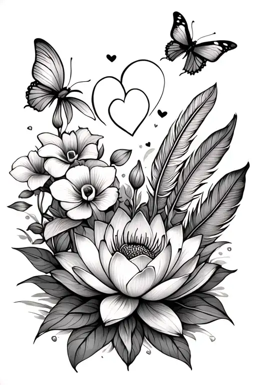 small lotus flower, orchids, two love hearts, two butterflies, feathers, more background flowers fine line tattoo design idea