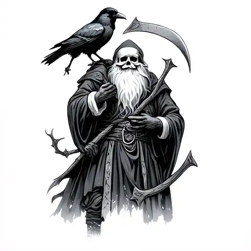 Santa Death with a scythe with a crow tattoo design idea