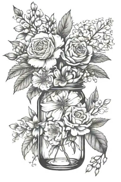 carnation, marigold, daisy, lily of the valley, larkspur in Mason jar tattoo design idea