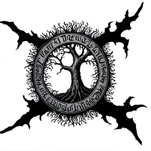 tree of Gondor mixed with Elden ring erdtree and elvish writing around border tattoo design idea