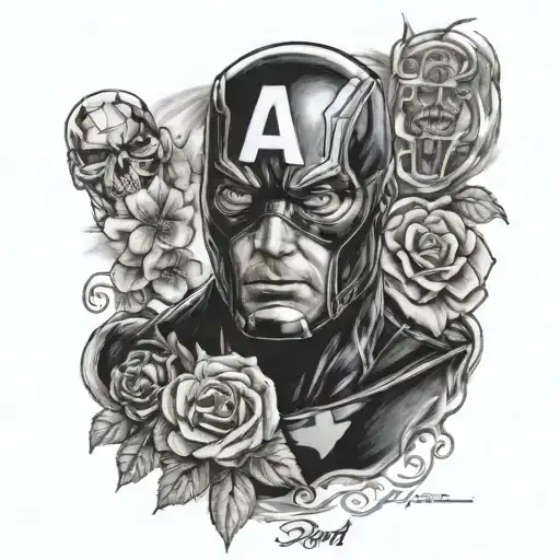 marvel theme memorial tattoo for dad inccluding custom thumb print and flowers around the drawing along with cards tattoo design idea