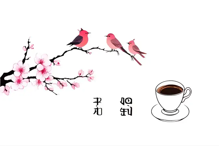 collarbone tattoo of 3 birds, cherry blossom flowers, coffee cup and korean letters tattoo design idea