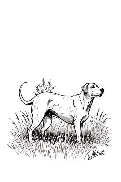 hunting hound dog in tall grass field tattoo design idea