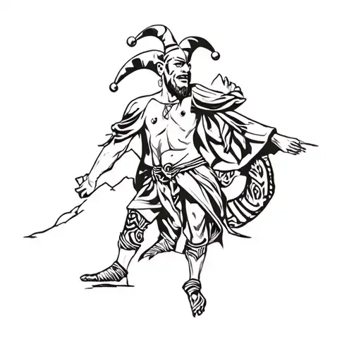 a man dressed as a jester on top of a mountain tattoo design idea