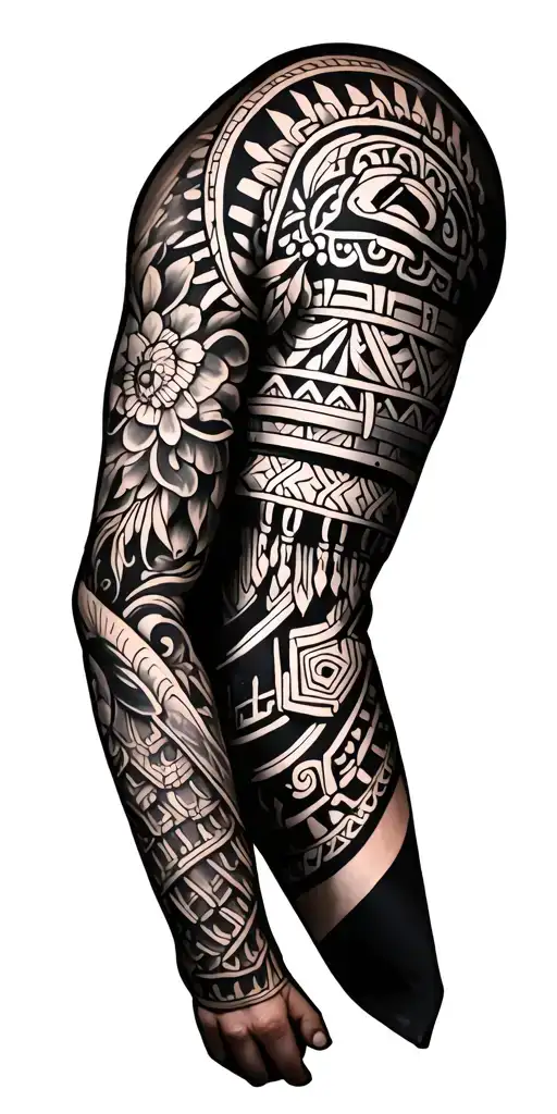 Mexican Aztec and Japanese inspired arm sleeve tattoo - no people tattoo design idea
