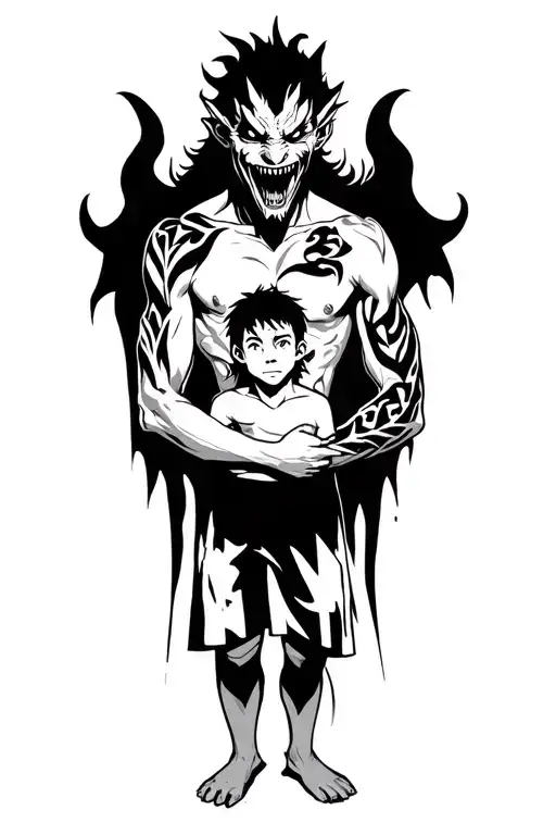a boy standing with a scary demon towering behind him, arms wrapped around him tattoo design idea