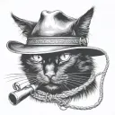 realistic black cat with a cowboy hat on with a fishing rod behind it (no ears sticking out from the hat) tattoo design idea