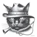 realistic black cat with a cowboy hat on with a fishing rod behind it (no ears sticking out from the hat) tattoo design idea