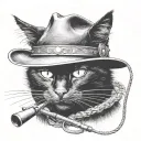 realistic black cat with a cowboy hat on with a fishing rod behind it (no ears sticking out from the hat) tattoo design idea