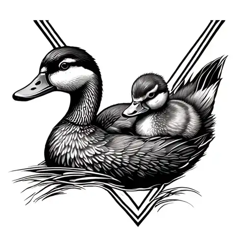 A mother duck and her fluffy duckling are nestled together in a triangular frame, showcasing their delicate features in  tattoo design idea