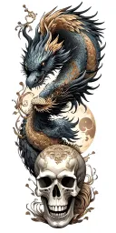 Chinese dragon and phoenix and skull and moon and raven tattoo design idea