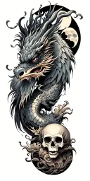Chinese dragon and phoenix and skull and moon and raven tattoo design idea