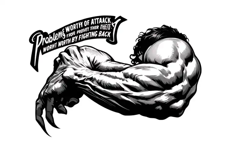 Bicep tattoo with the phrase "Problems worthy of attack prove their worth by fighting back" tattoo design idea