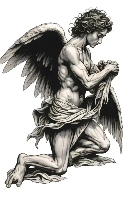 kneeling Angel in front of darkness tattoo design idea